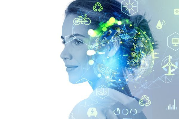 woman with an overlay of various icons in neon blue and green