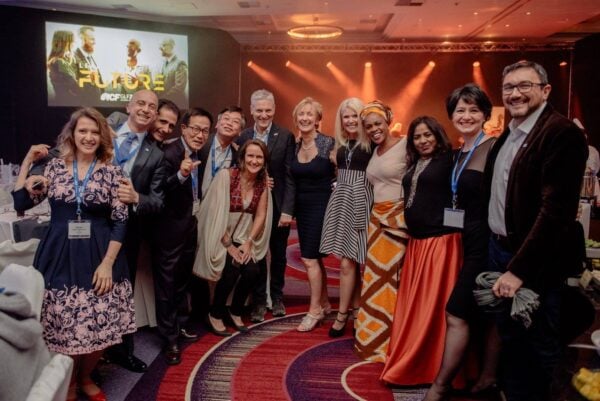 A group of ICF chapter leaders from around the world posing together for a photo at the ICF Global Leaders Forum,