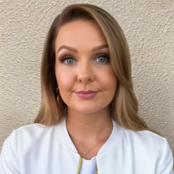 Katya Menschy headshot photo, woman with light hair and white top smiling