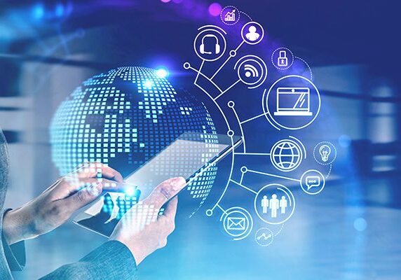 person holding a tablet with an overlay of a globe and many connected icons