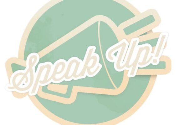 speak up stylized graphic with loudspeaker behind words