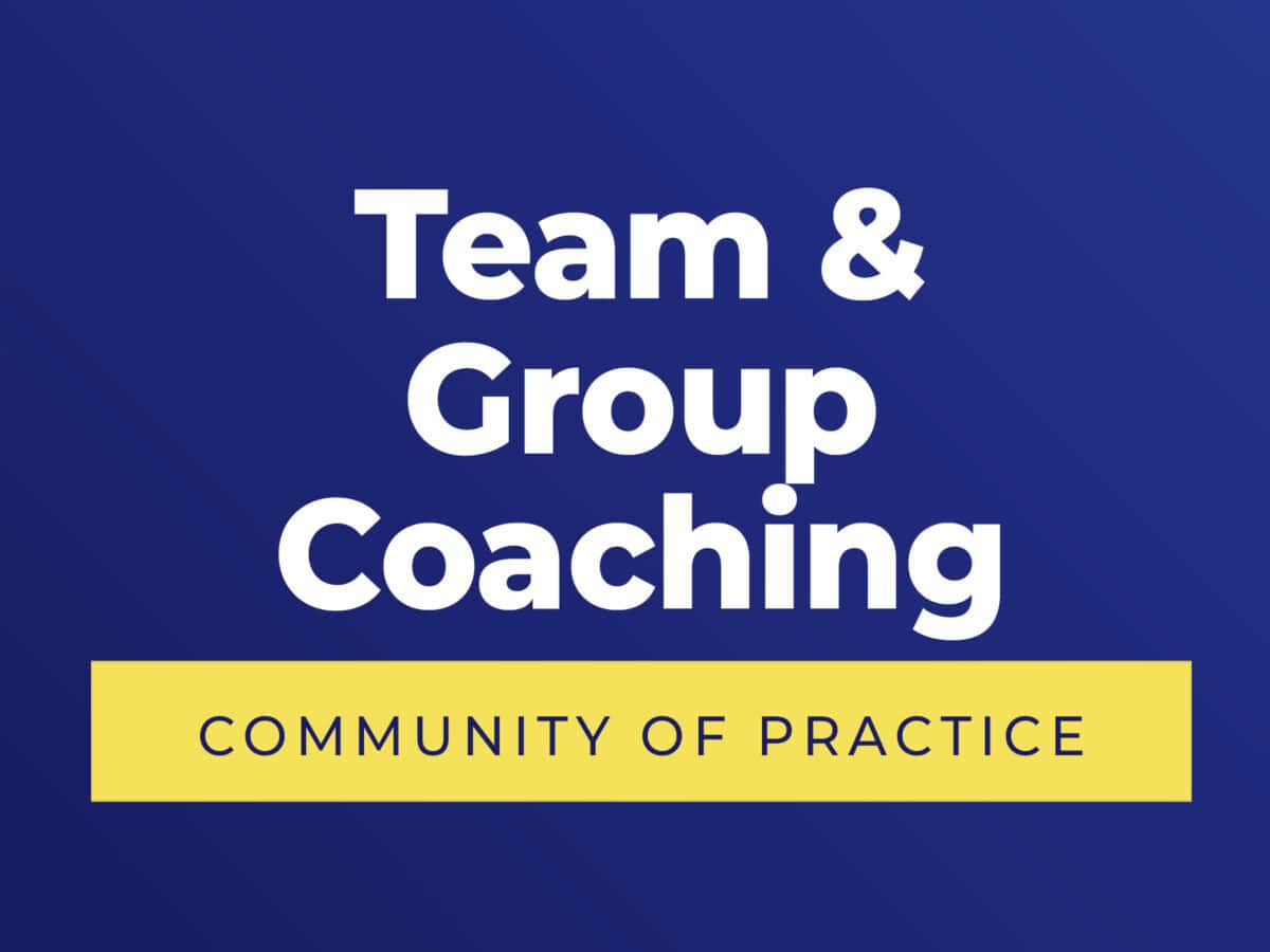 ICF Communities of Practice Team and Group Coaching blue background logo"