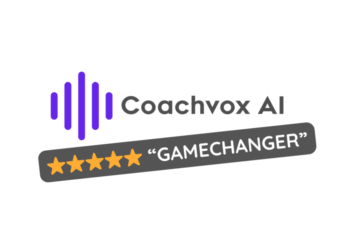 Coachvox AI logo featuring vertical purple sound-wave bars next to the text ‘Coachvox AI,’ with a slanted badge below showing five gold stars and the word ‘GAMECHANGER.’