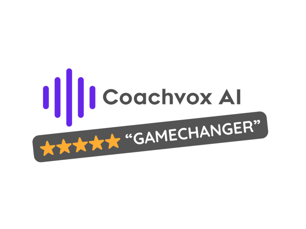 Coachvox AI logo featuring vertical purple sound-wave bars next to the text ‘Coachvox AI,’ with a slanted badge below showing five gold stars and the word ‘GAMECHANGER.’