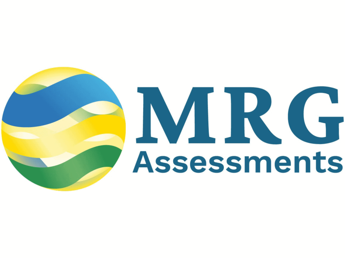 At left, a circle with blue, yellow, and green waves filling it; at right, text that says "MRG Assessments"