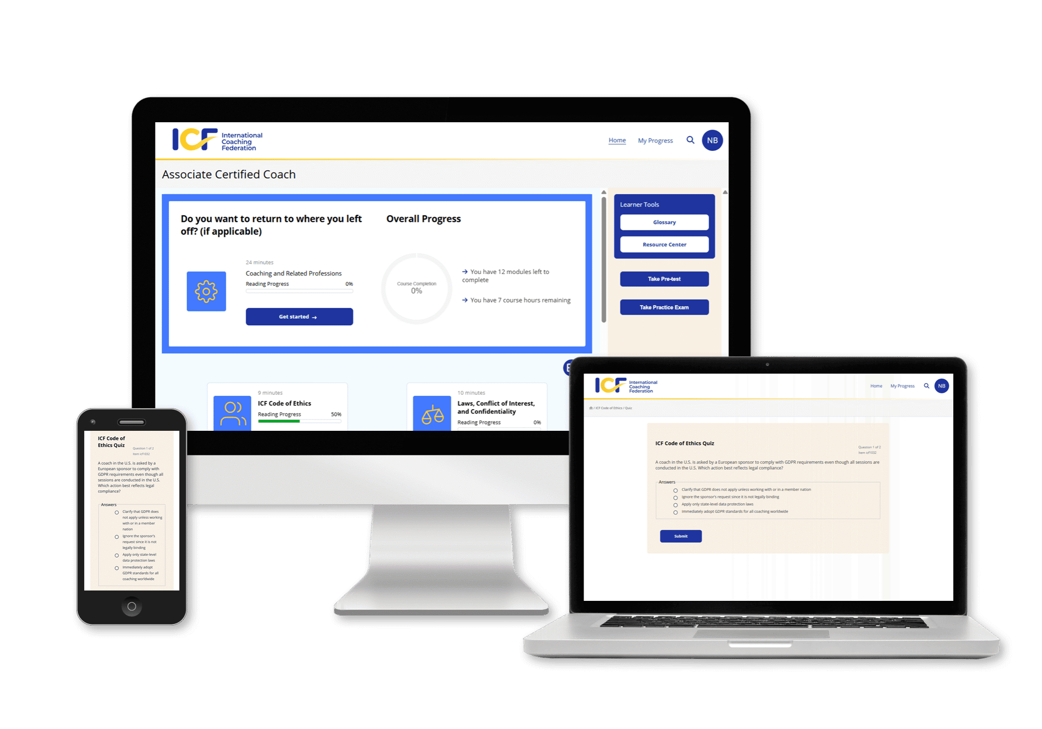 ICF Associate Certified Coach exam study system shown on desktop, laptop and mobile, with progress tracking, learning modules and ethics quizzes.