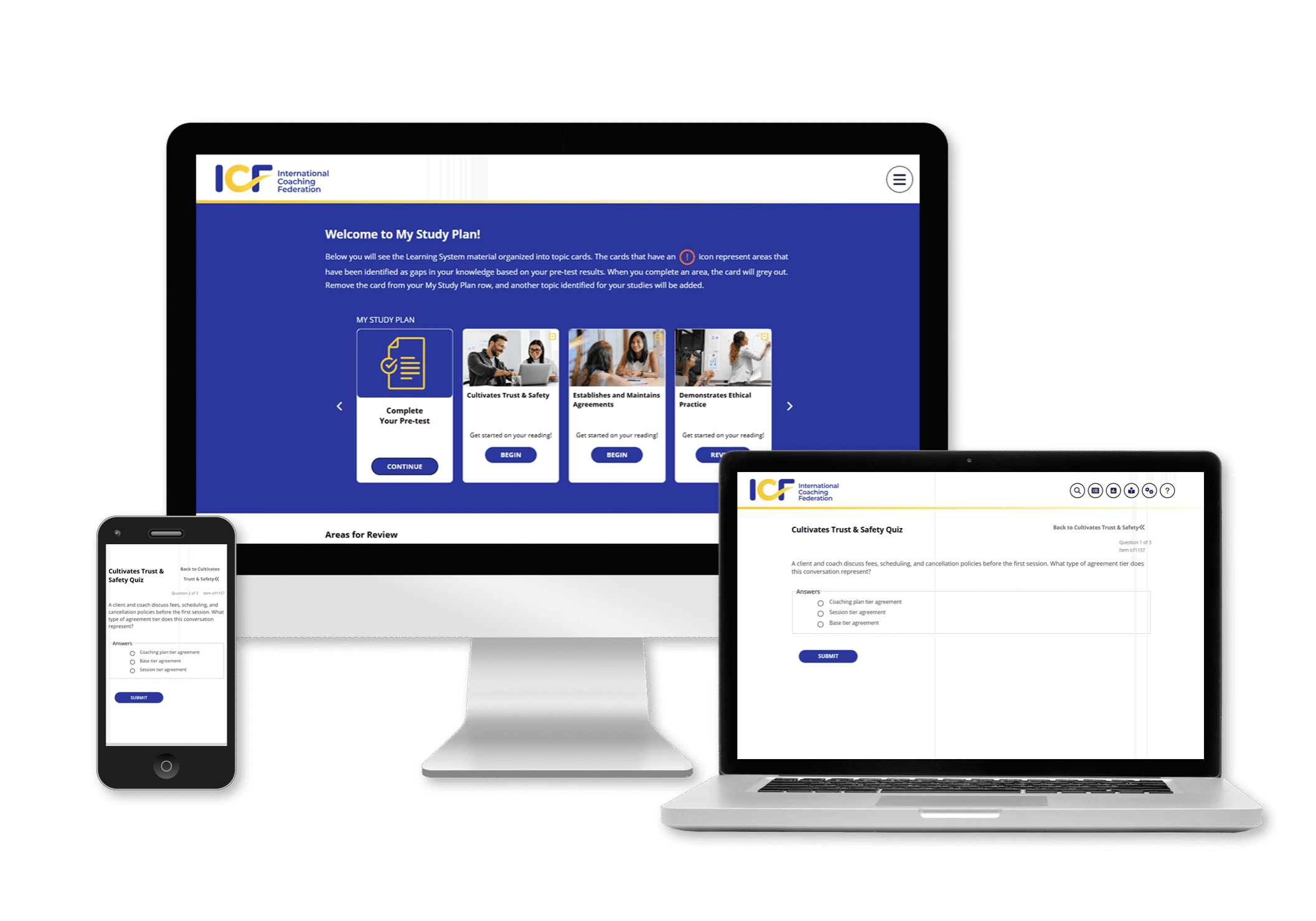 ICF study plan welcome screen with instructions about topic cards, knowledge gaps and pre-test results, shown on desktop, laptop and mobile device.
